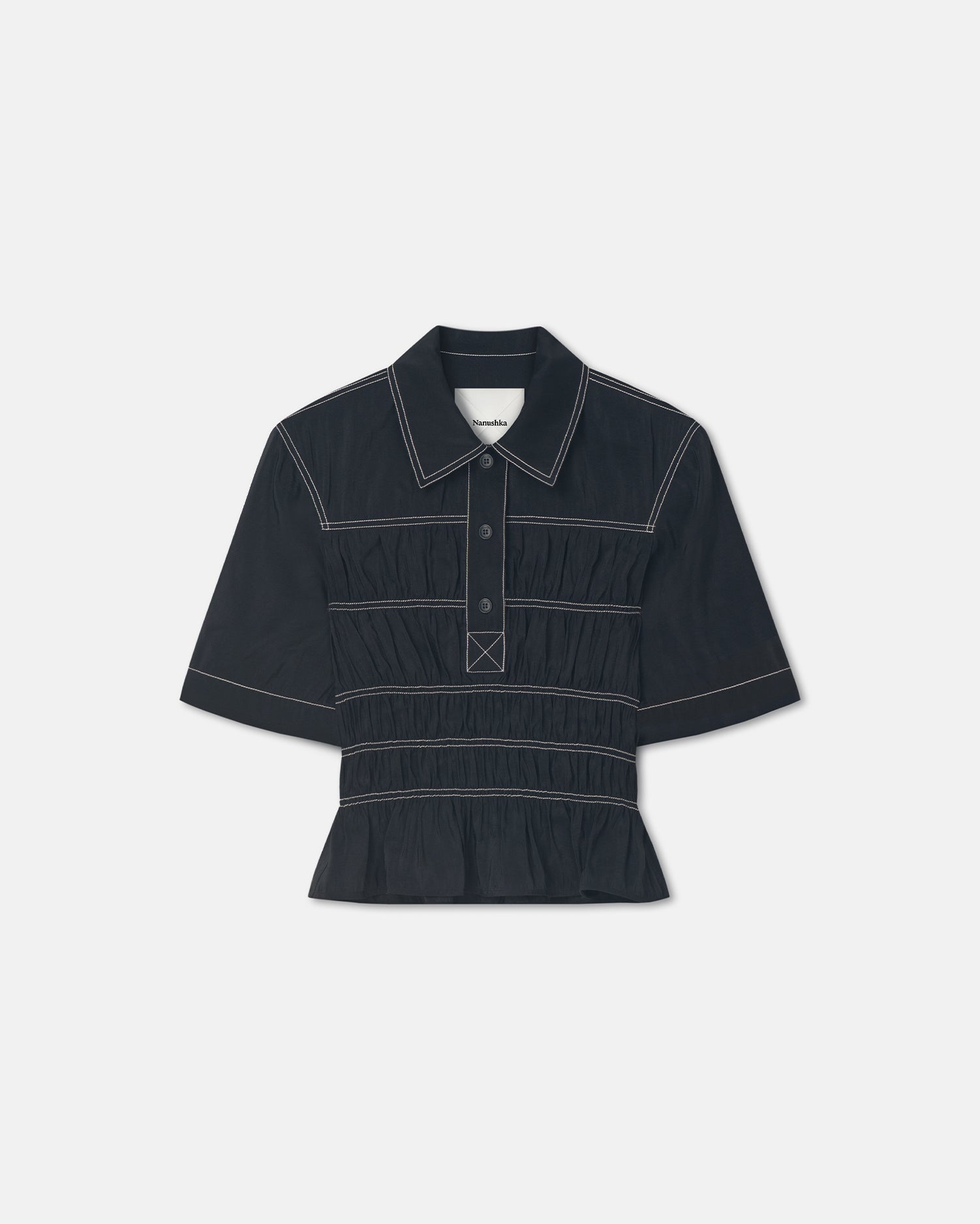 Nairi - Smocked Glass Poplin Shirt - Black