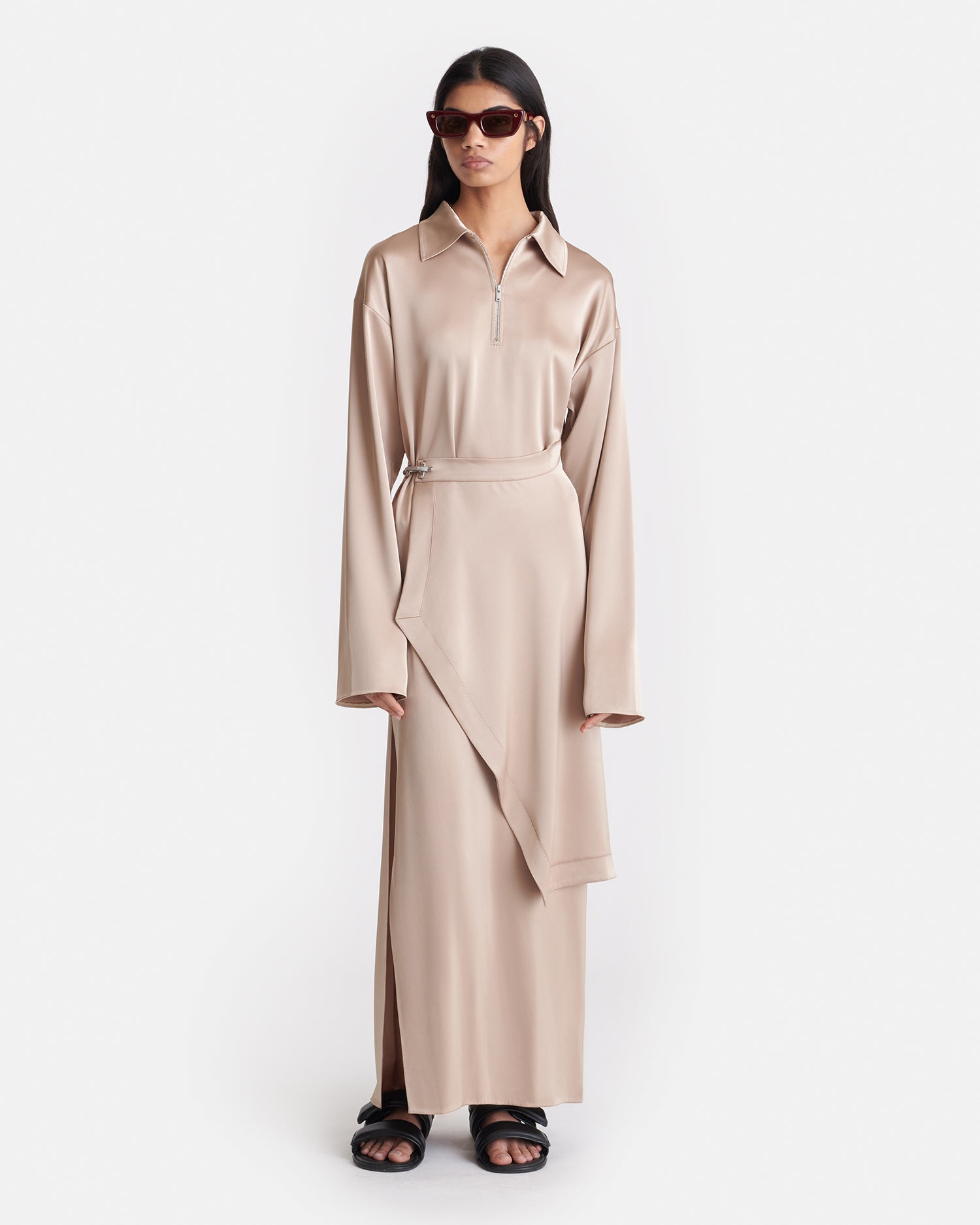 Colter Draped Slip Satin Midi Dress Dune