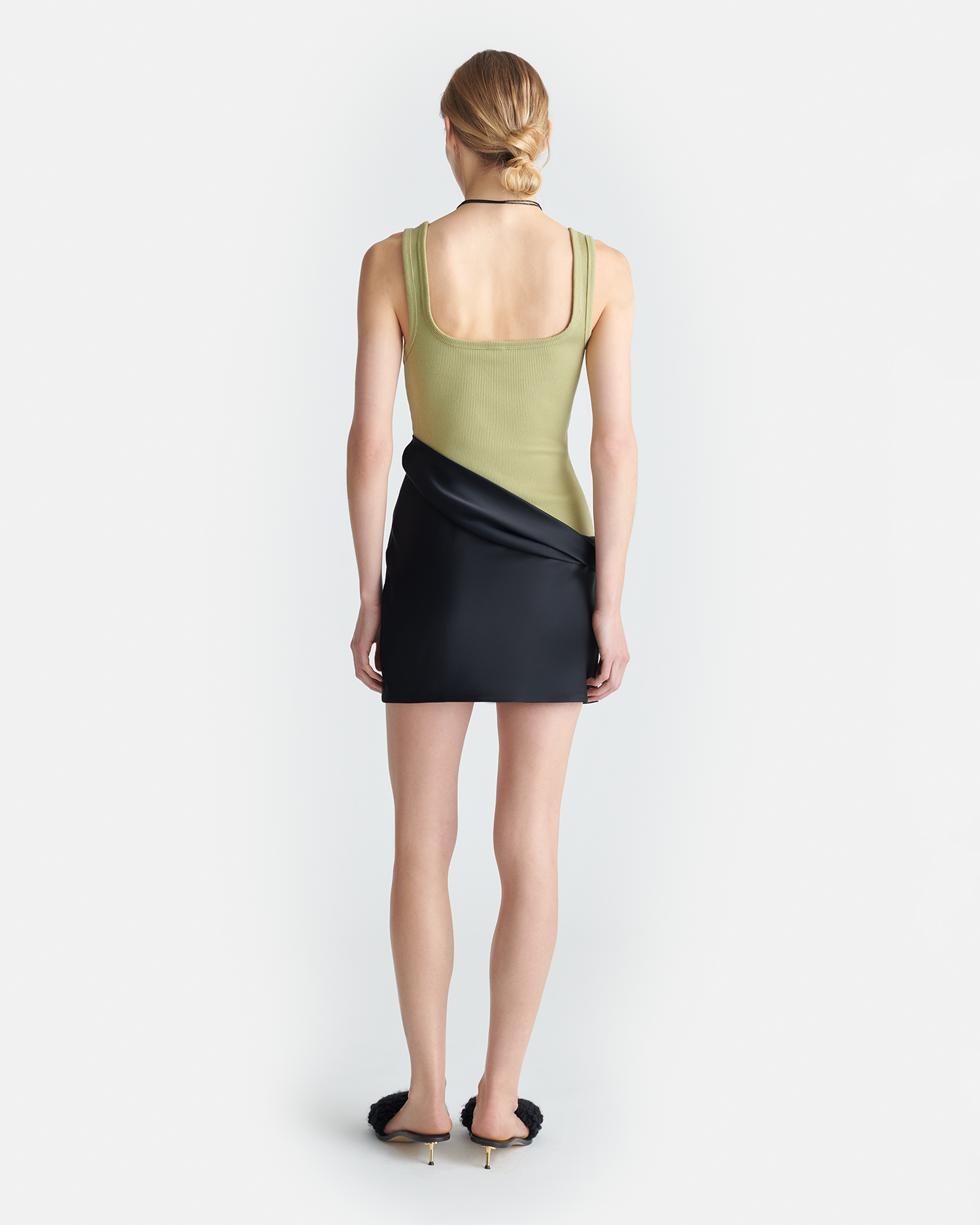 Marijn - Ribbed Jersey and Slip Satin Dress - Black/Olive Green