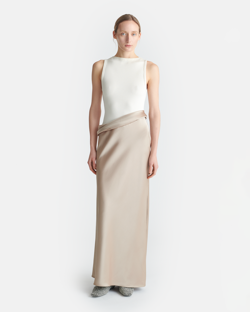 Cobee - Ribbed Jersey and Slip Satin Dress - Dune/Creme
