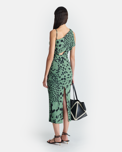Sigita - Asymmetric Mesh Jersey Midi Dress - Cheetah Green
