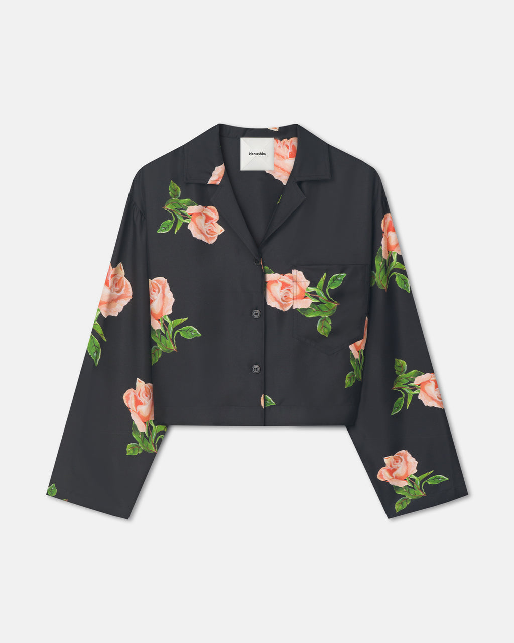 Vally - Cropped Silk Twill Shirt - Off Black/Roses