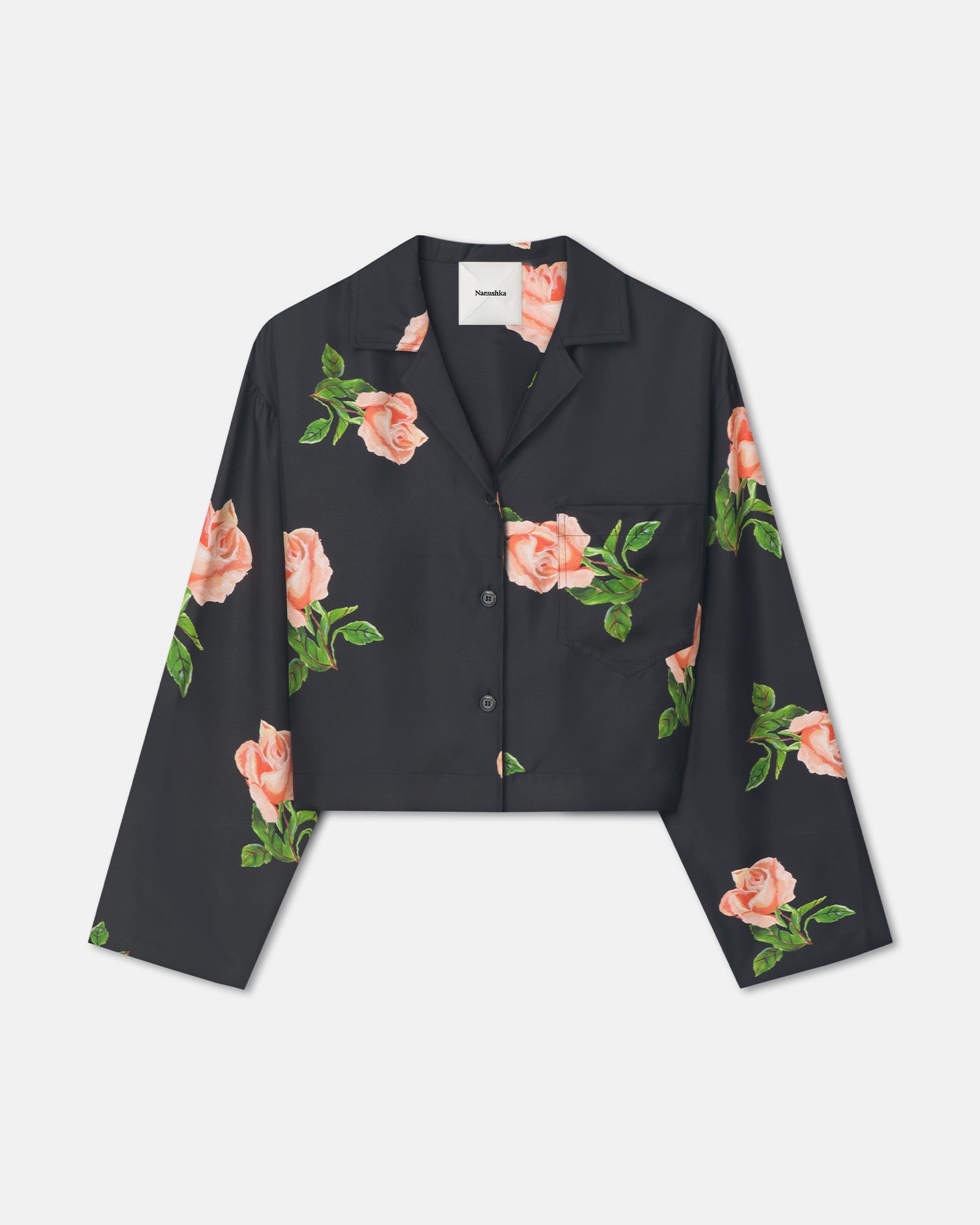 Vally - Cropped Silk Twill Shirt - Off Black/Roses