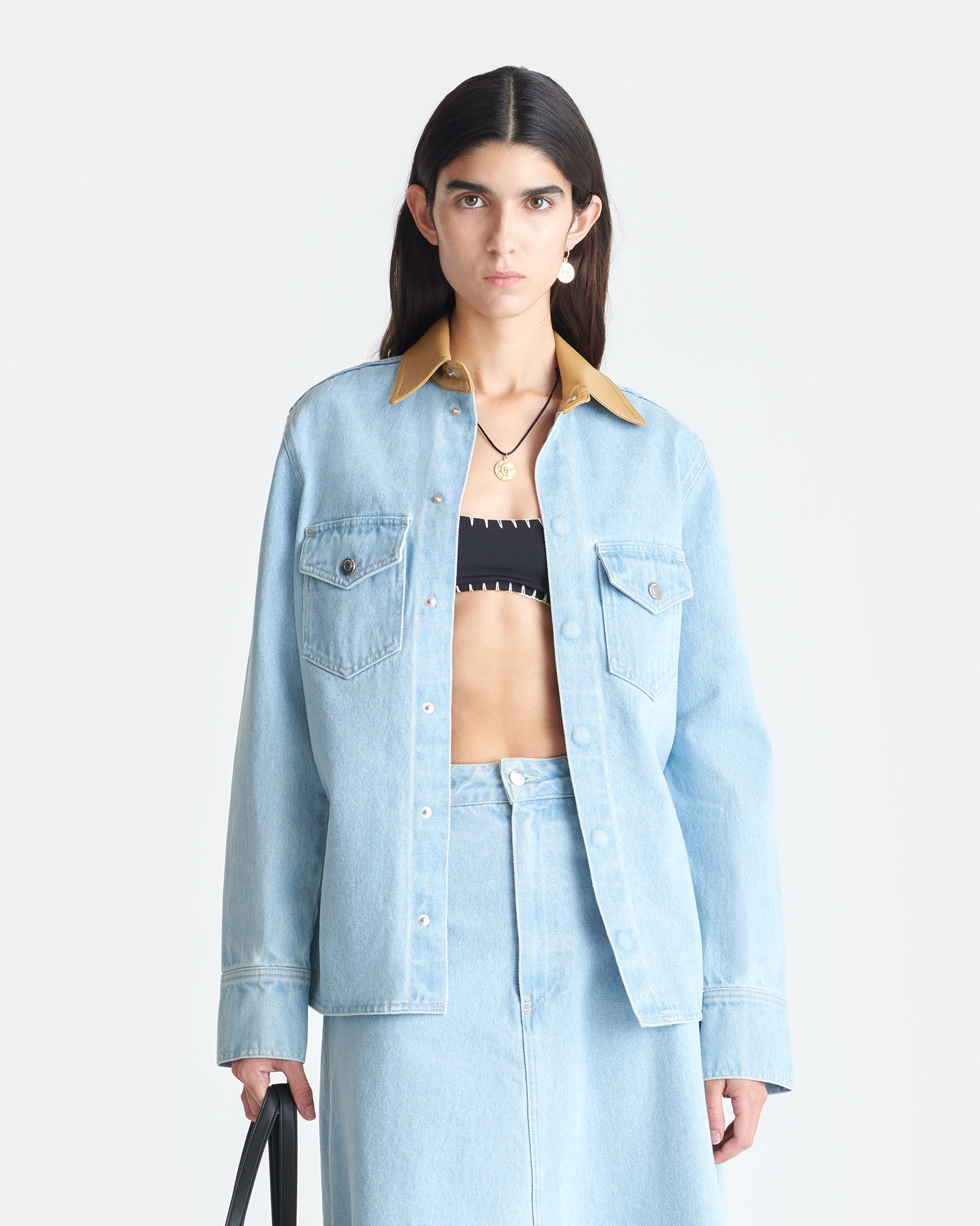 Letisa - Leather-Trimmed Denim Shirt - Eco Bleach/Hazel