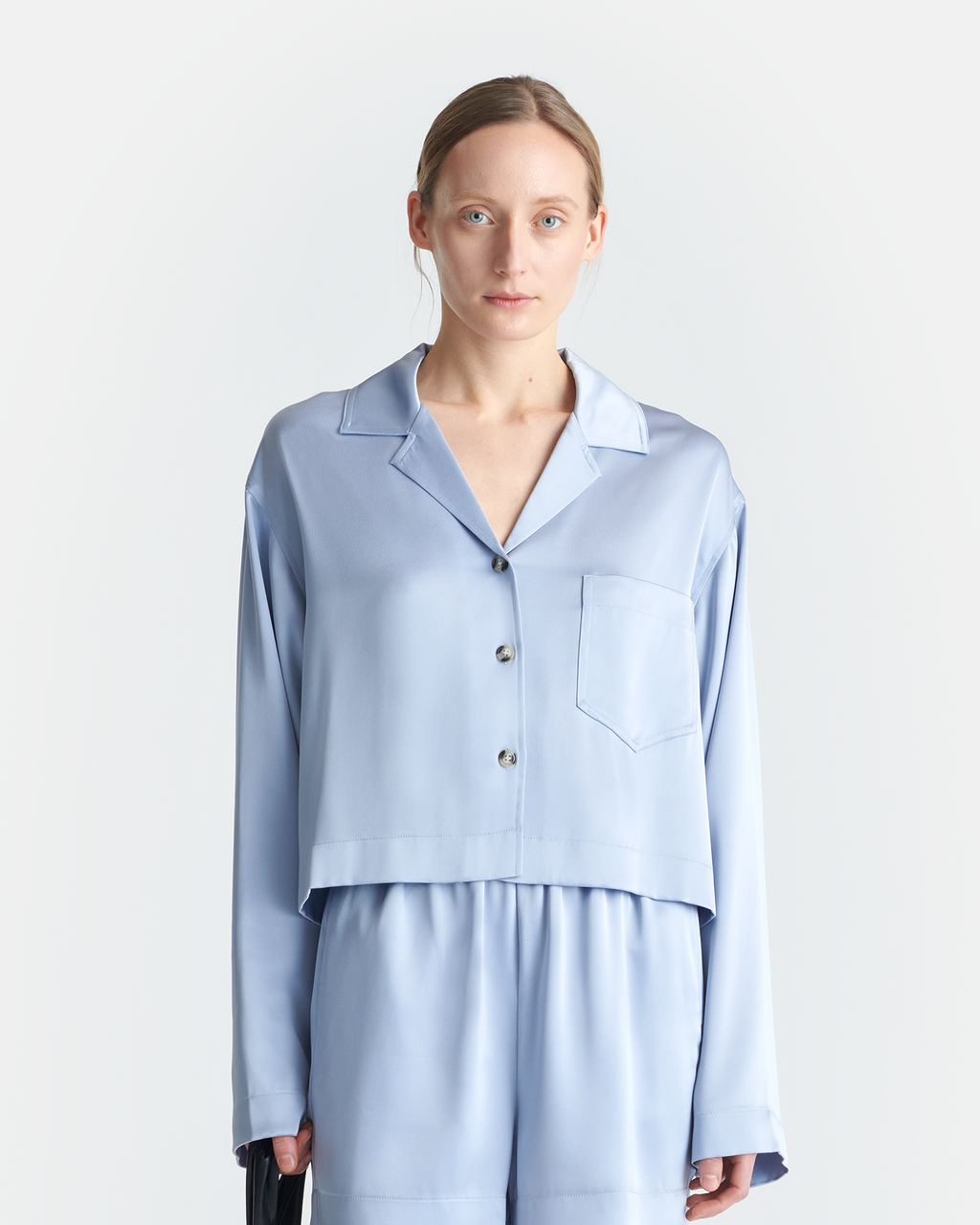 Vally - Cropped Slip Satin Shirt - Ice Blue