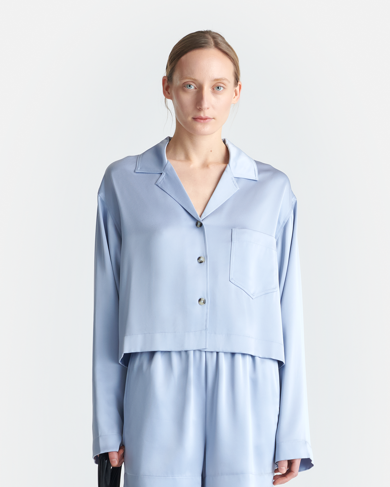 Vally - Cropped Slip Satin Shirt - Ice Blue