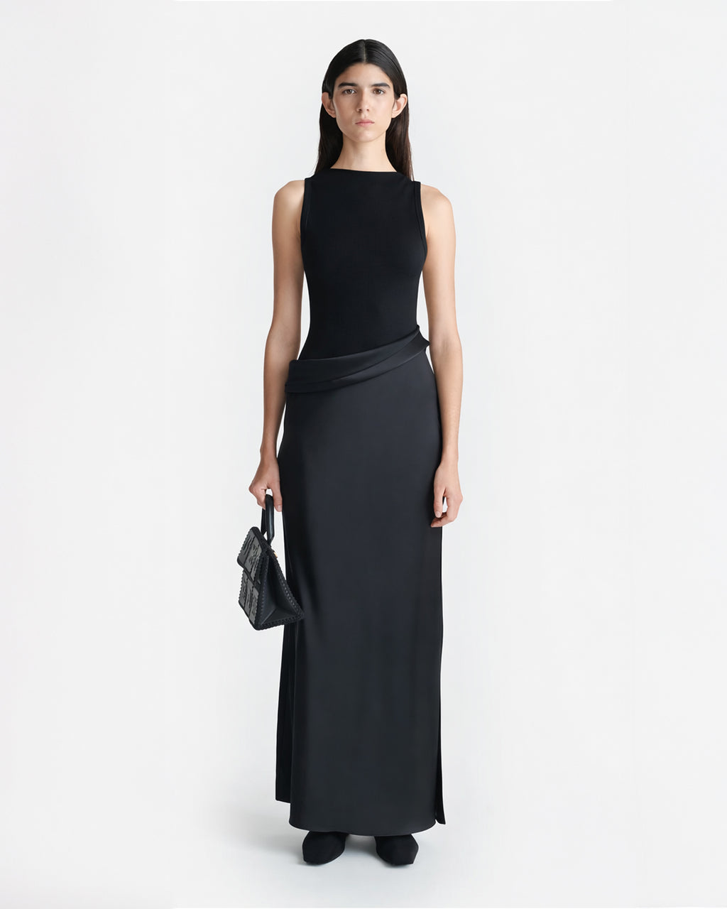 Cobee - Ribbed Jersey and Slip Satin Dress - Black/Black