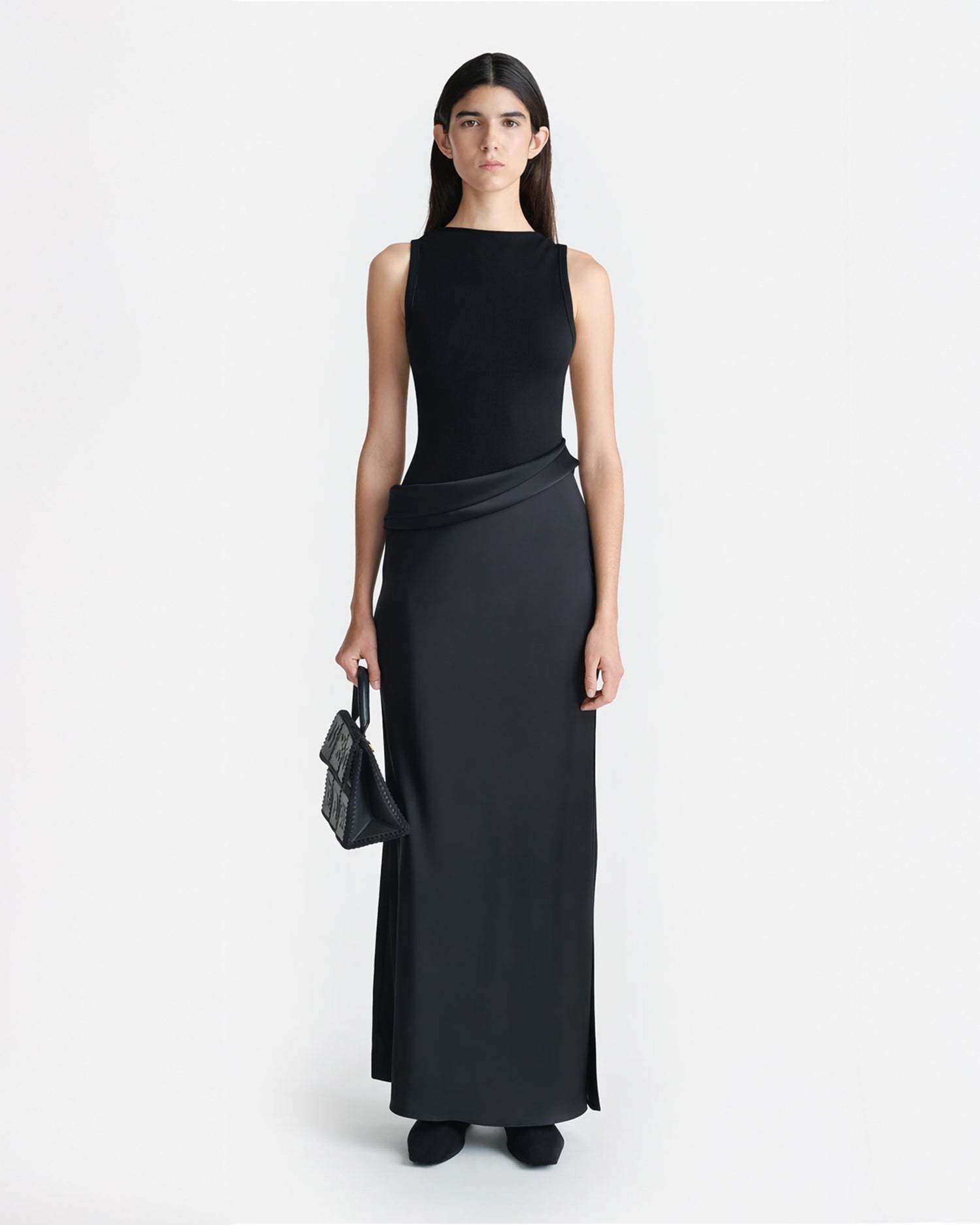 Cobee - Ribbed Jersey and Slip Satin Dress - Black/Black