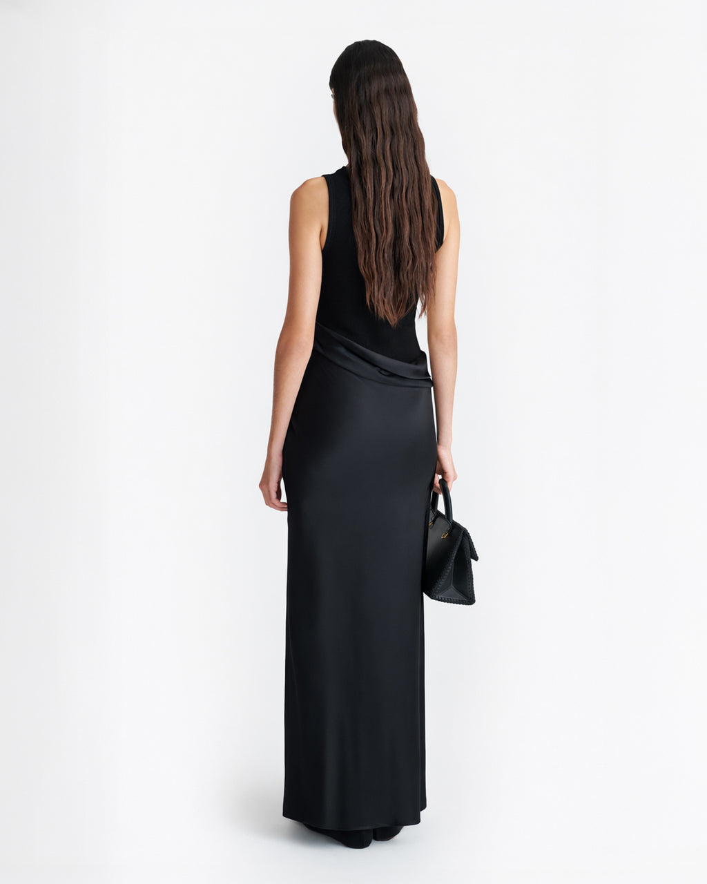 Cobee - Ribbed Jersey and Slip Satin Dress - Black/Black