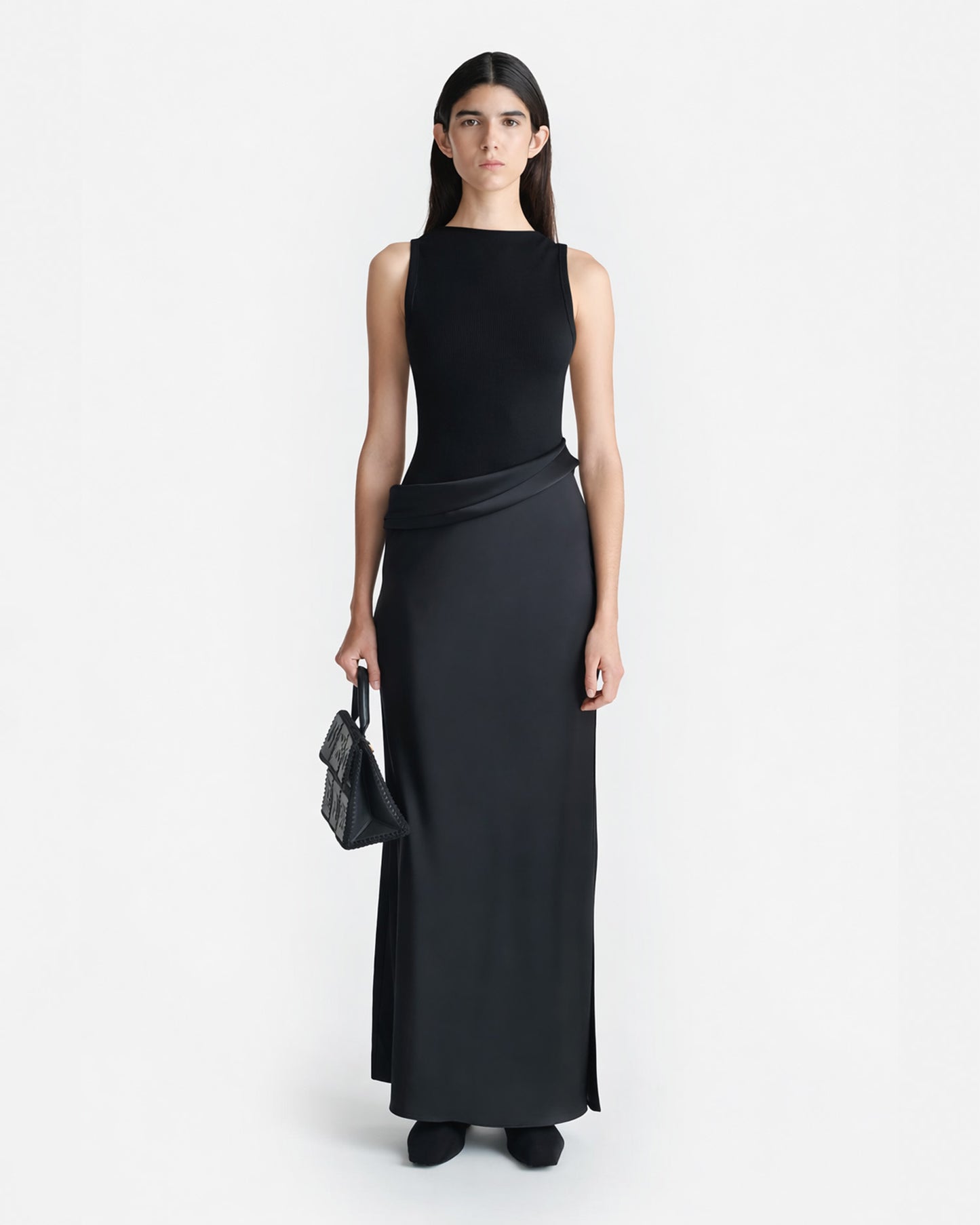 Cobee - Ribbed Jersey and Slip Satin Dress - Black/Black Green
