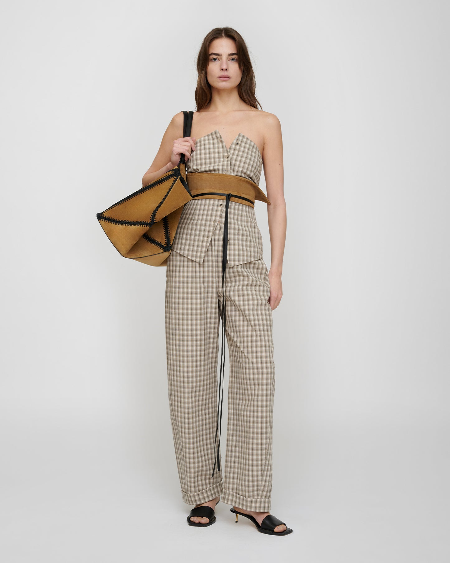 Yayoi - Checked Shirting Pants - Creme/Grey