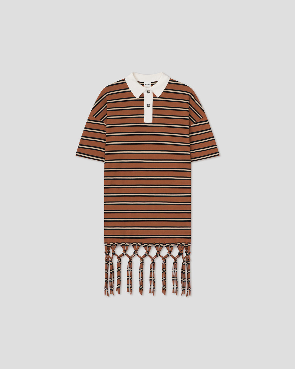 Benigna - Fringed Polo Neck Dress - Tan/White/Black Stripe
