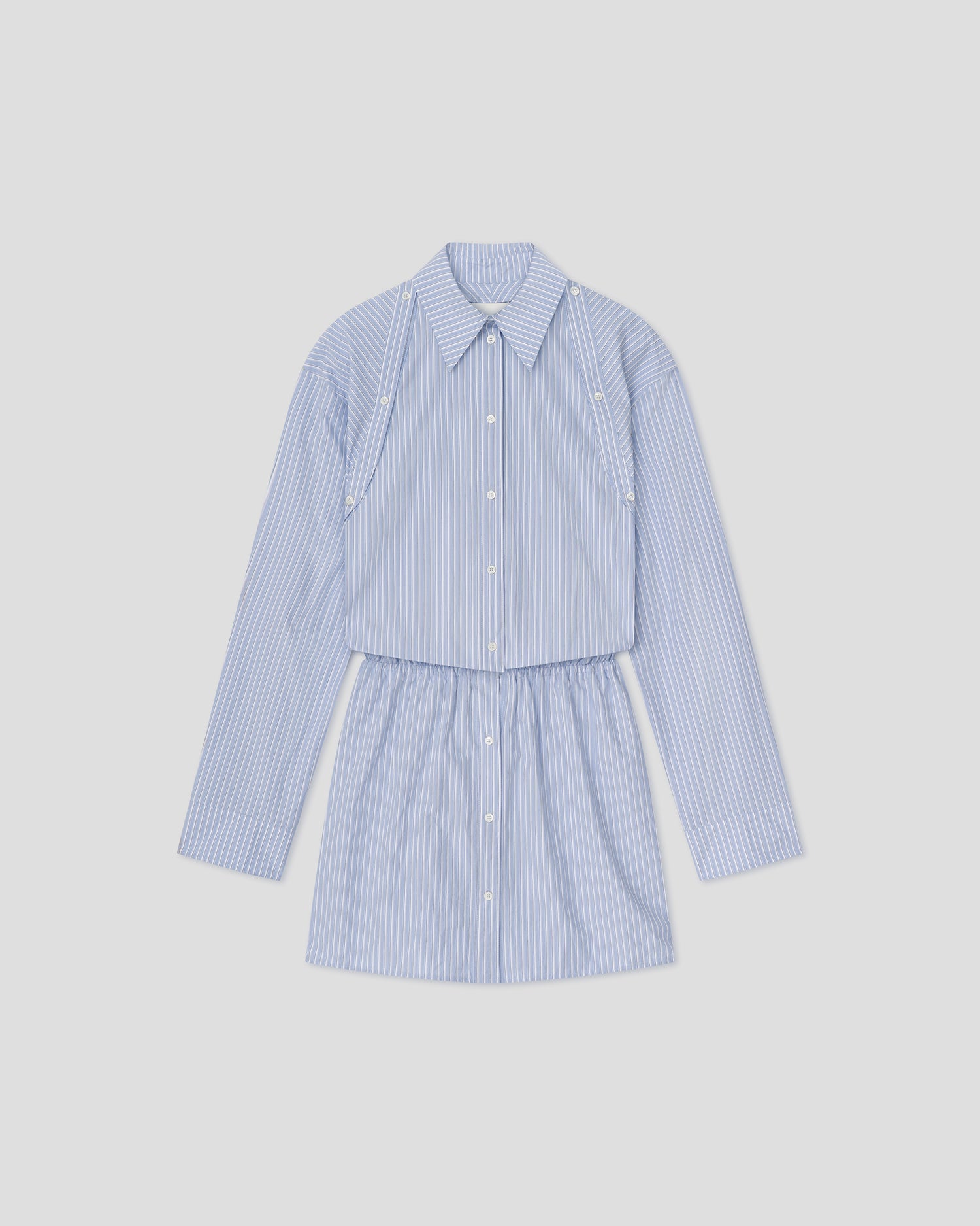 Odran - Elastic Waist Shirt Dress With Button Off-Shoulder Detail - Blue/White/Navy