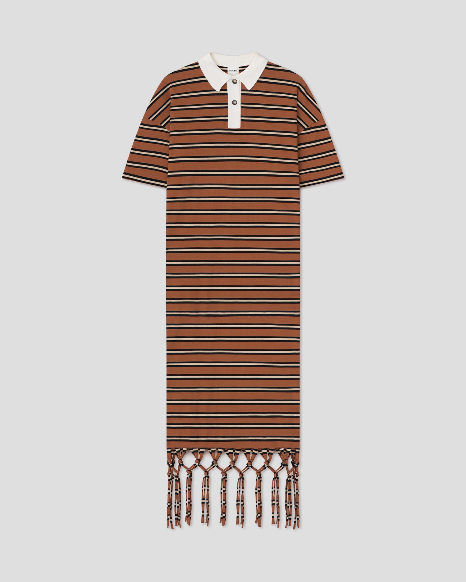 Farid - Fringed Polo Neck Maxi Dress - Tan/White/Black