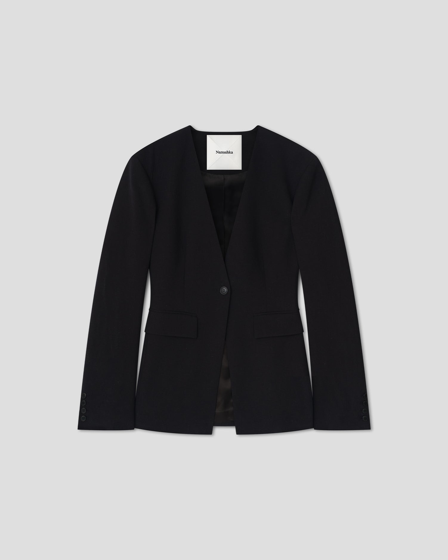Porset - Raw Silk Collarless Blazer - Black