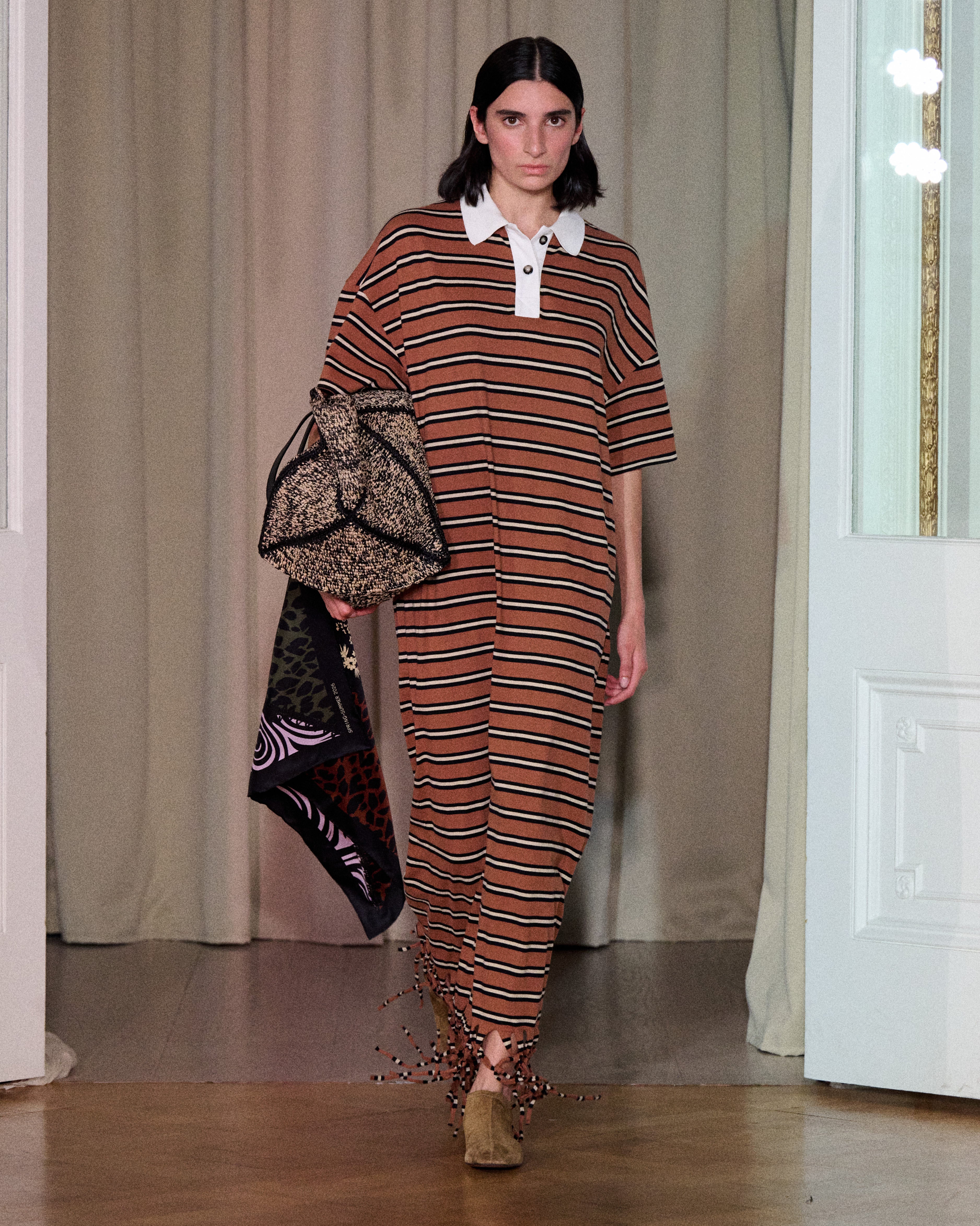 Farid - Fringed Polo Neck Maxi Dress - Tan/White/Black