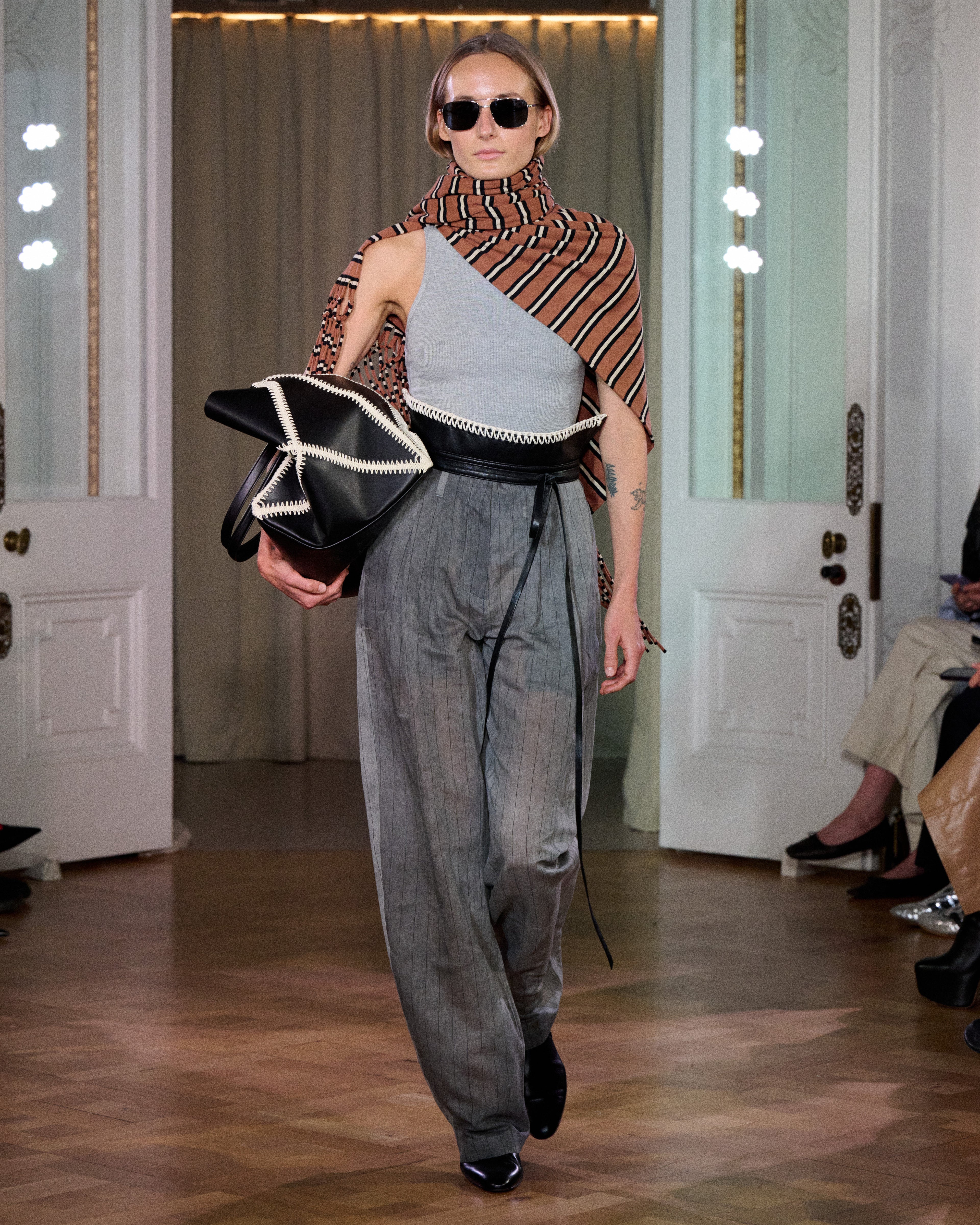 Hettie - Striped Organza Barrel-Leg Pants - Grey