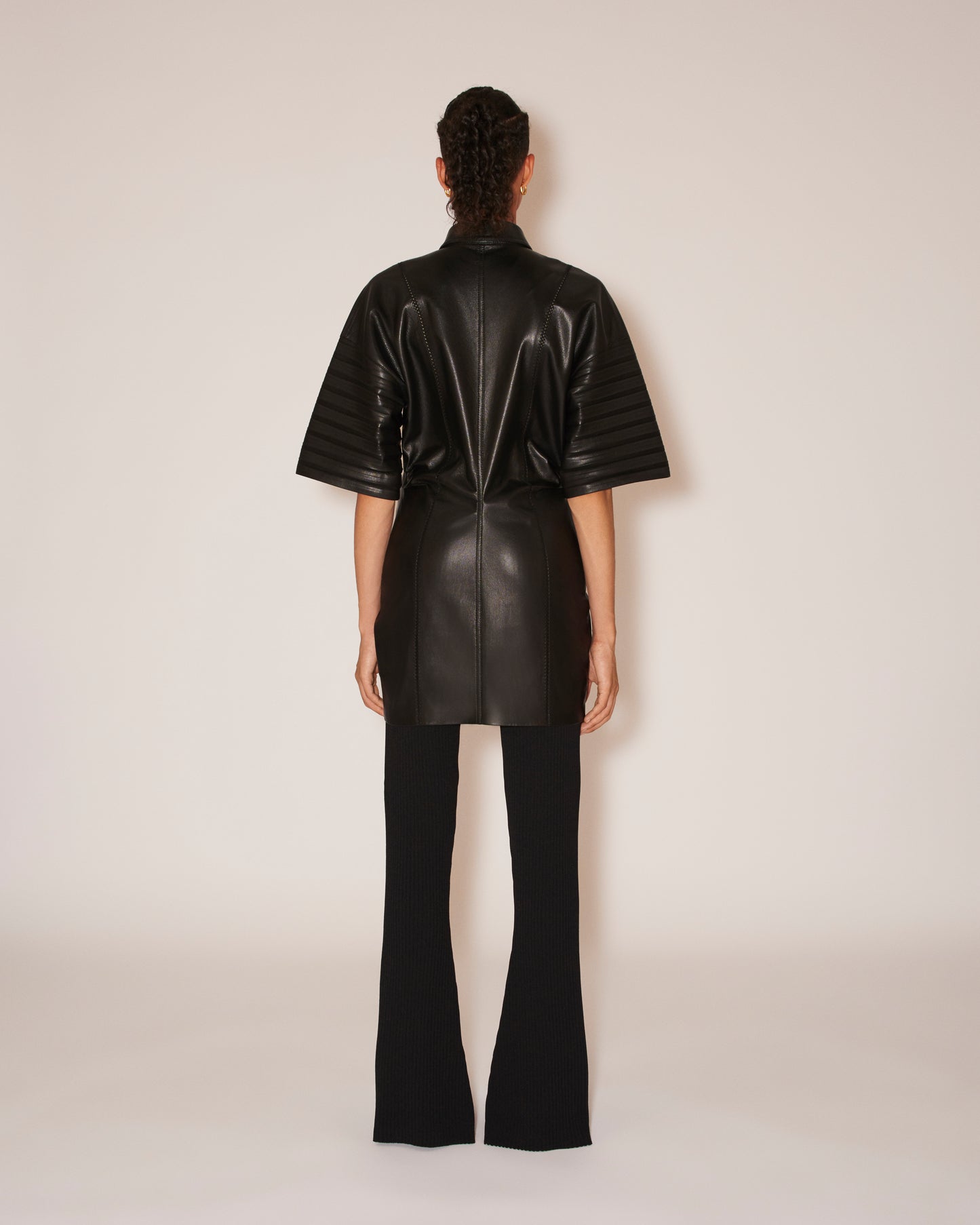 Taya - Archive Vegan Leather Corrugated Effect Short Sleeve Shirt - Black