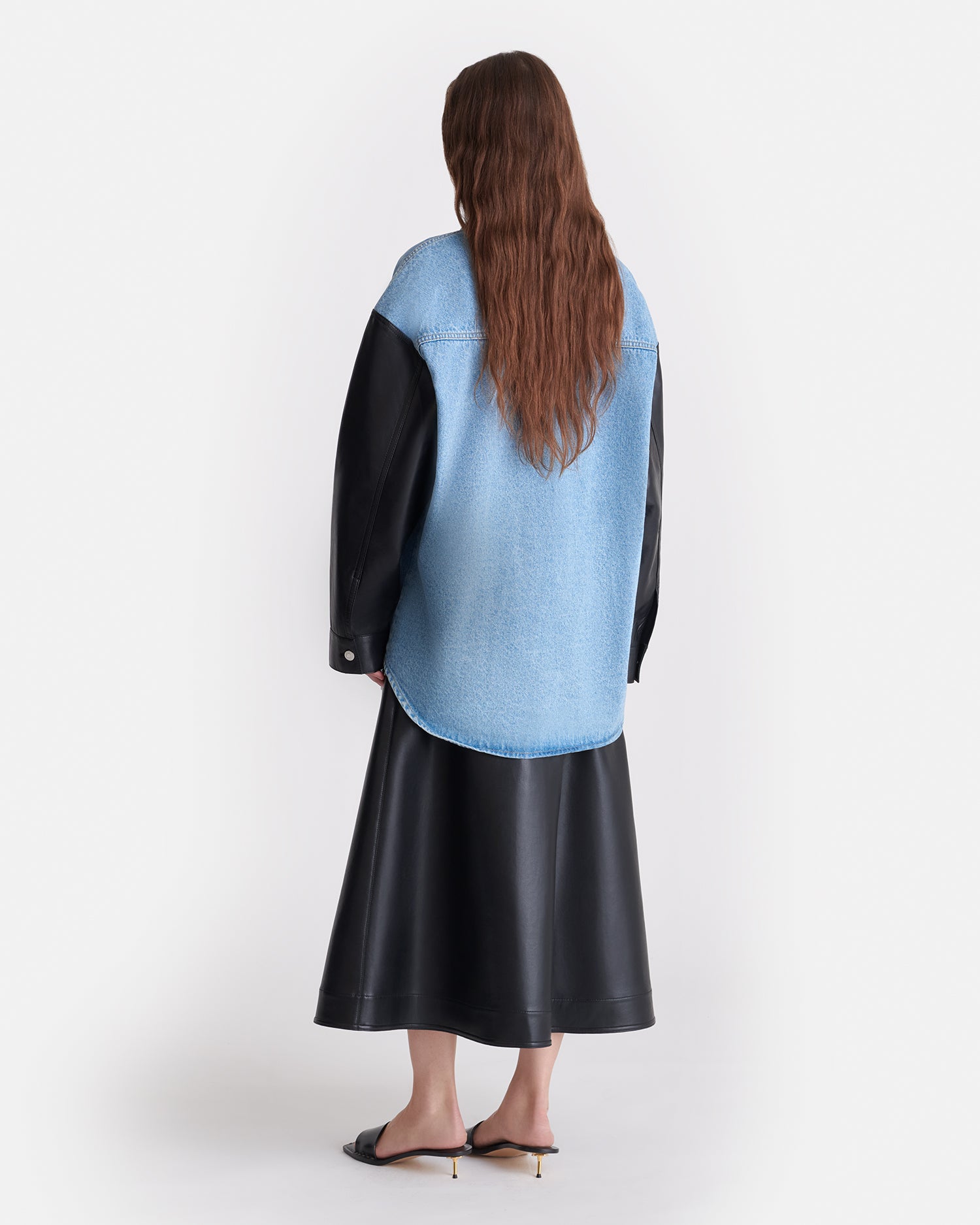 Zinnie - Denim and Regenerated Leather Shirt - Mid Blue-Black