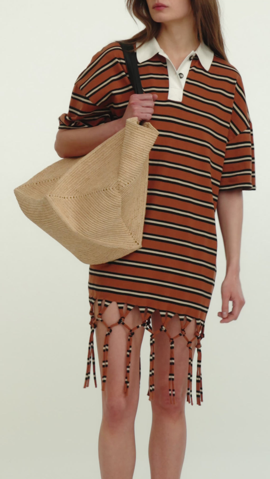 Benigna - Fringed Polo Neck Dress - Tan/White/Black Stripe