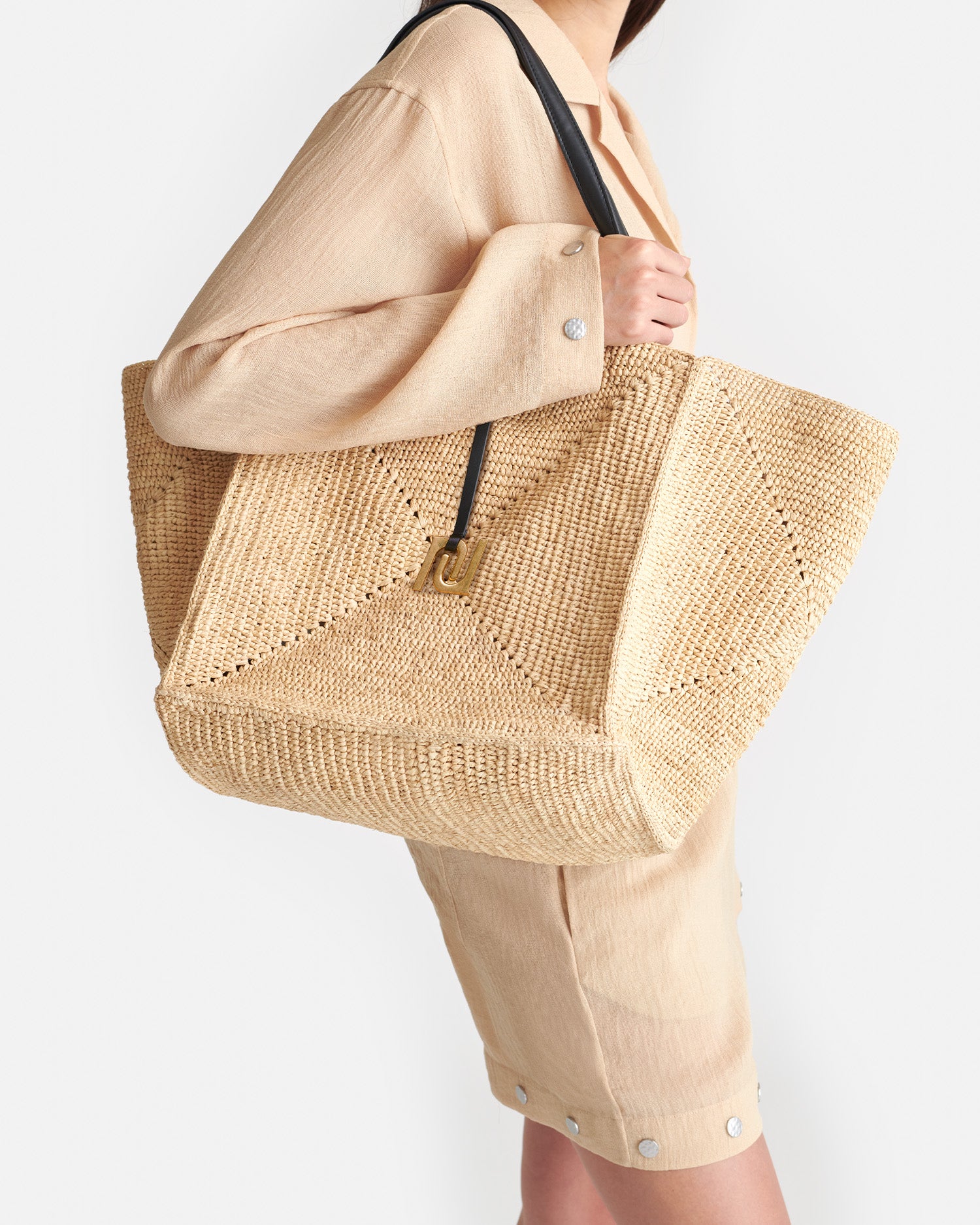 Origami Tote Large - Raffia Charm Tote - Natural/Black